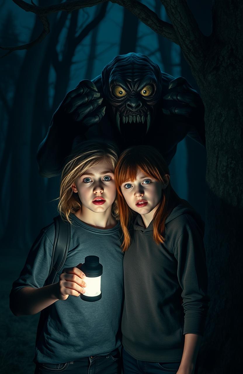 In a dark, eerie forest at night, two terrified teenagers are standing close together, holding a flashlight that dimly illuminates their faces