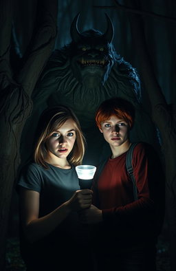 In a dark, eerie forest at night, two terrified teenagers are standing close together, holding a flashlight that dimly illuminates their faces