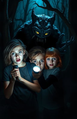 In a dark, eerie forest at night, two terrified teenagers are standing close together, holding a flashlight that dimly illuminates their faces