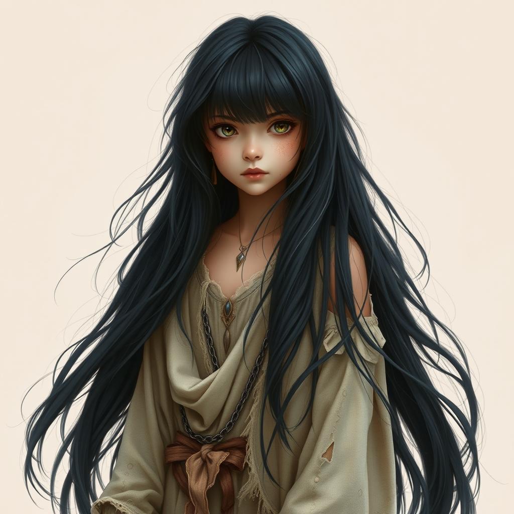 A full-length portrait of a girl with long, flowing black hair, styled in a fantasy theme