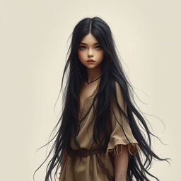 A full-length portrait of a girl with long, flowing black hair, styled in a fantasy theme