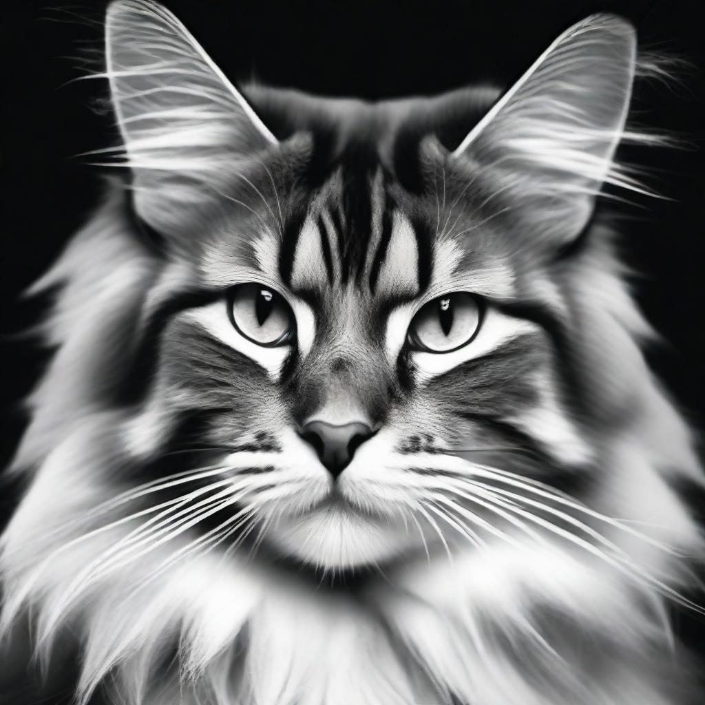 An artistic black and white portrait of a Maine Coon cat. Capture its unique characteristics, long, lush fur and tufted ears, while enhancing its dramatic facial expressions.