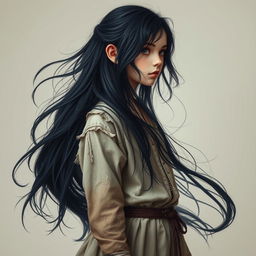 A full-length portrait of a girl with long, flowing black hair, styled in a fantasy theme