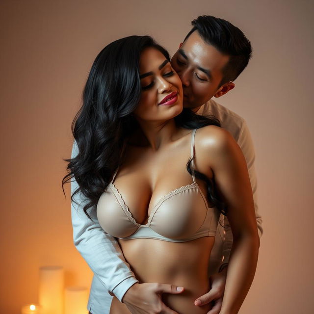 A 39-year-old Indonesian man with pure white skin is tenderly hugging a beautiful 28-year-old woman with a sturdy and attractive body from behind, affectionately kissing her cheek
