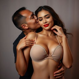 A 39-year-old Indonesian man with pure white skin is tenderly hugging a beautiful 28-year-old woman with a sturdy and attractive body from behind, affectionately kissing her cheek