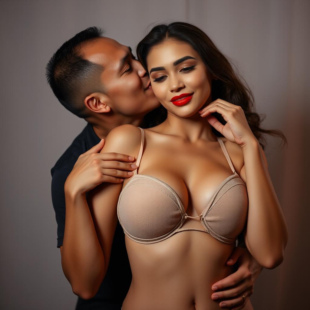 A 39-year-old Indonesian man with pure white skin is tenderly hugging a beautiful 28-year-old woman with a sturdy and attractive body from behind, affectionately kissing her cheek