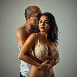 A 39-year-old Indonesian man with pure white skin is tenderly hugging a beautiful 28-year-old woman with a sturdy and attractive body from behind, affectionately kissing her cheek