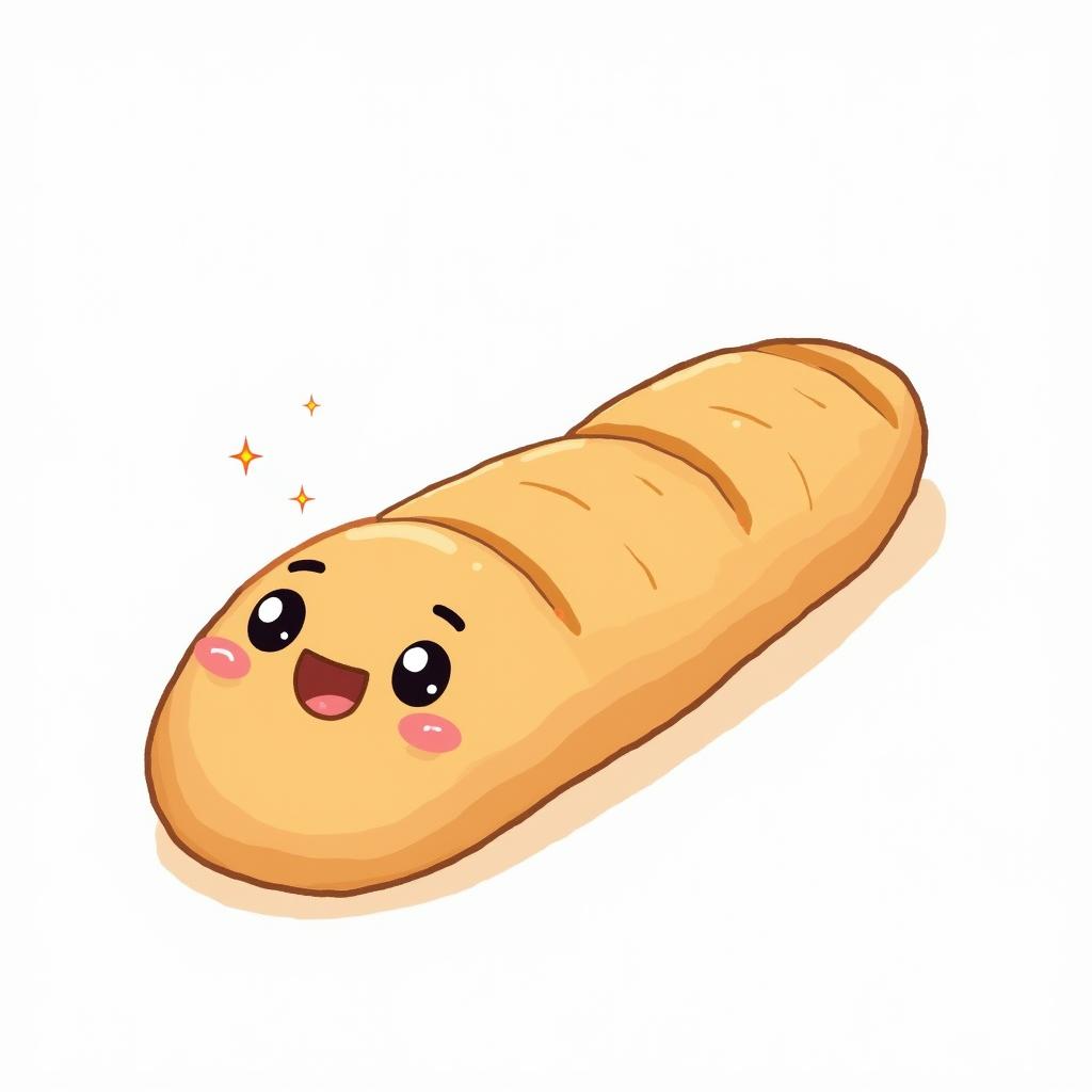 A delightful illustration of a cute small baguette with a happy expression, featuring a big smile and dreamy sparkling eyes
