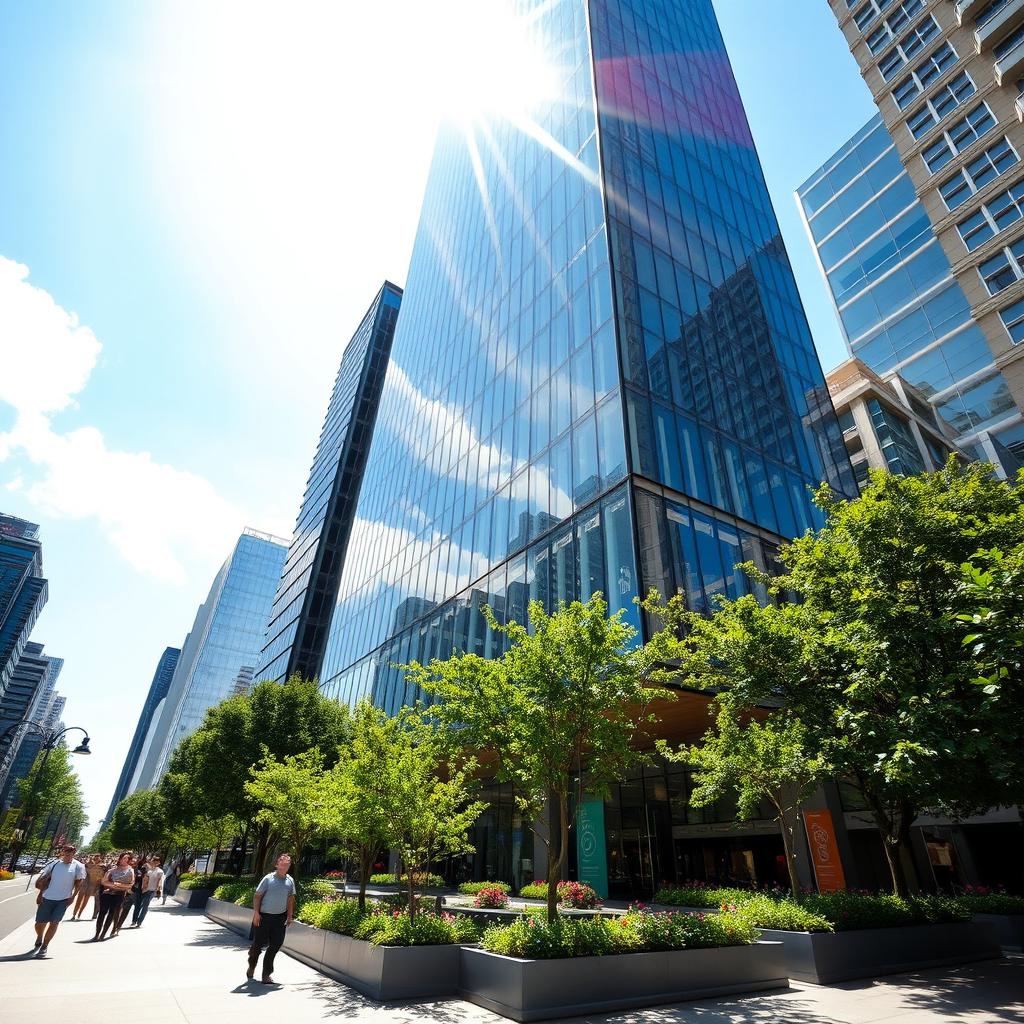 A modern architectural marvel, showcasing a sleek skyscraper made of glass and steel, surrounded by a vibrant cityscape