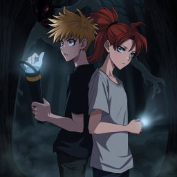 In an anime style horror scene, two teenagers stand back-to-back in a dark forest, holding a flashlight that casts a faint beam of light around them