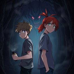 In an anime style horror scene, two teenagers stand back-to-back in a dark forest, holding a flashlight that casts a faint beam of light around them
