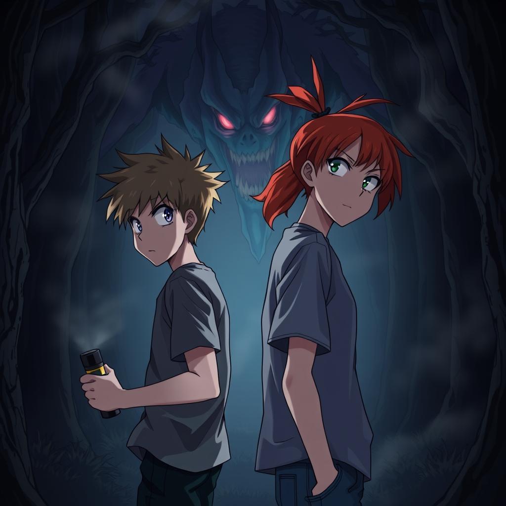 In an anime style horror scene, two teenagers stand back-to-back in a dark forest, holding a flashlight that casts a faint beam of light around them