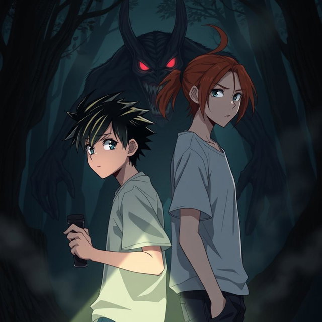 In an anime style horror scene, two teenagers stand back-to-back in a dark forest, holding a flashlight that casts a faint beam of light around them