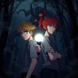 In an anime style horror scene, two teenagers stand back-to-back in a dark forest, holding a flashlight that casts a faint beam of light around them