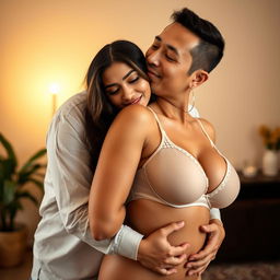 A 39-year-old Indonesian man with pure white skin is lovingly hugging a beautiful 28-year-old woman with a sturdy and sexy body from behind, affectionately kissing her cheek
