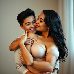 A 39-year-old Indonesian man with pure white skin is lovingly hugging a beautiful 28-year-old woman with a sturdy and sexy body from behind, affectionately kissing her cheek