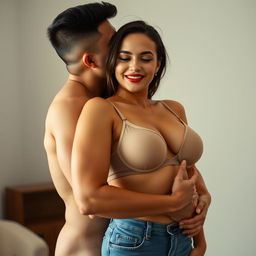 A 39-year-old Indonesian man with pure white skin is lovingly hugging a beautiful 28-year-old woman with a sturdy and sexy body from behind, affectionately kissing her cheek