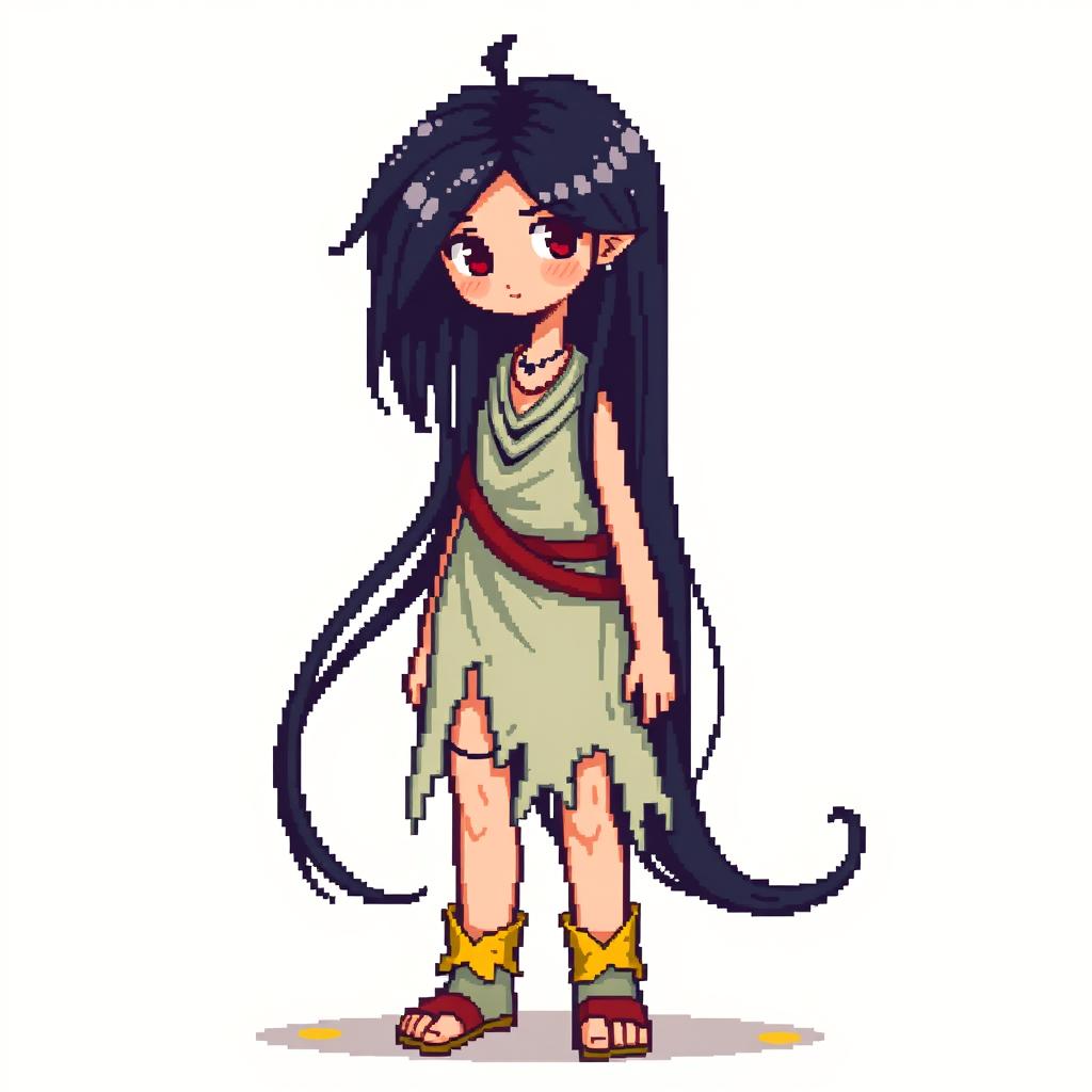 A full-length pixel art representation of a girl with long, flowing black hair, designed in a fantasy style