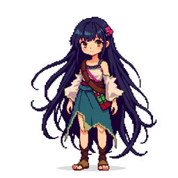 A full-length pixel art representation of a girl with long, flowing black hair, designed in a fantasy style