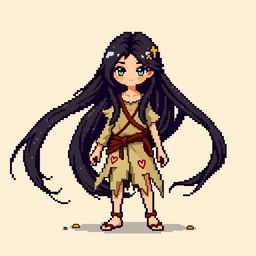 A full-length pixel art representation of a girl with long, flowing black hair, designed in a fantasy style