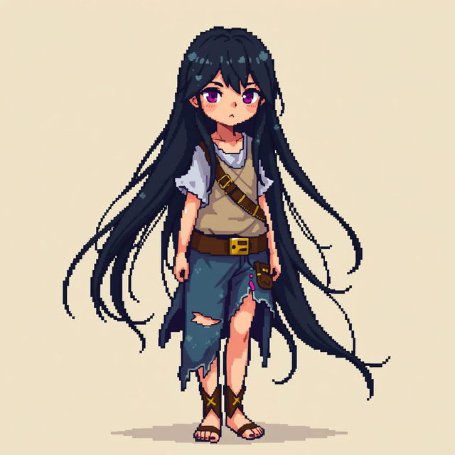 A full-length pixel art representation of a girl with long, flowing black hair, designed in a fantasy style