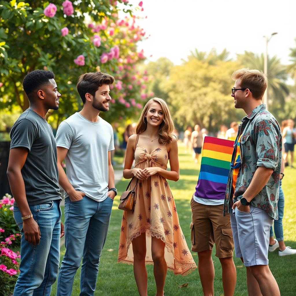 A diverse group of characters representing a male, a female, and an LGBTQ individual engaging in a friendly discussion in a vibrant park