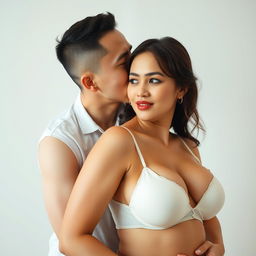 A captivating scene featuring a 39-year-old Indonesian man with pure white skin affectionately hugging a beautiful 28-year-old woman with a sturdy and sexy body from behind