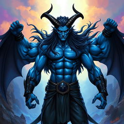 A blue tiefling man boasting six powerful arms, elegantly curved horns, and long flowing black hair, proudly showcasing his impressive abs