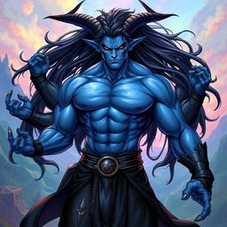 A blue tiefling man boasting six powerful arms, elegantly curved horns, and long flowing black hair, proudly showcasing his impressive abs