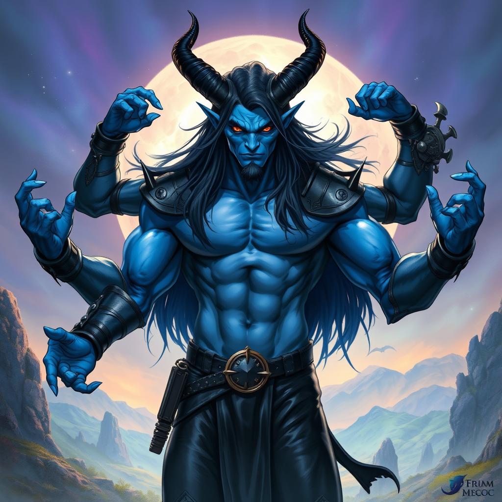 A blue tiefling man boasting six powerful arms, elegantly curved horns, and long flowing black hair, proudly showcasing his impressive abs