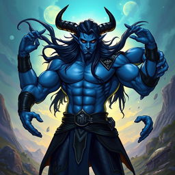 A blue tiefling man boasting six powerful arms, elegantly curved horns, and long flowing black hair, proudly showcasing his impressive abs