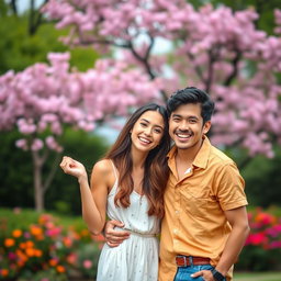 A dynamic and friendly portrait of a young couple, depicting two people smiling and enjoying a beautiful day outdoors