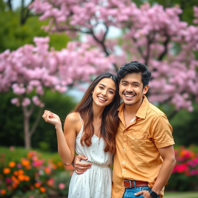A dynamic and friendly portrait of a young couple, depicting two people smiling and enjoying a beautiful day outdoors