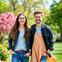 A dynamic and friendly portrait of a young couple, depicting two people smiling and enjoying a beautiful day outdoors