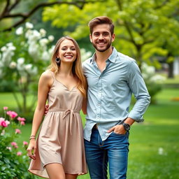 A dynamic and friendly portrait of a young couple, depicting two people smiling and enjoying a beautiful day outdoors