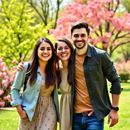 A dynamic and friendly portrait of a young couple, depicting two people smiling and enjoying a beautiful day outdoors
