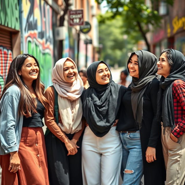 A group of diverse young women in a vibrant urban setting, consisting of Christian girls and a girl wearing a hijab, sharing a joyful moment of friendship