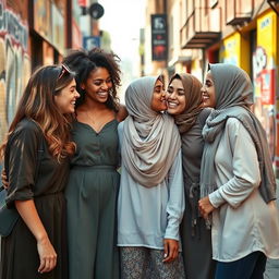 A group of diverse young women in a vibrant urban setting, consisting of Christian girls and a girl wearing a hijab, sharing a joyful moment of friendship