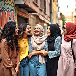A group of diverse young women in a vibrant urban setting, consisting of Christian girls and a girl wearing a hijab, sharing a joyful moment of friendship