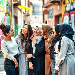 A group of diverse young women in a vibrant urban setting, consisting of Christian girls and a girl wearing a hijab, sharing a joyful moment of friendship