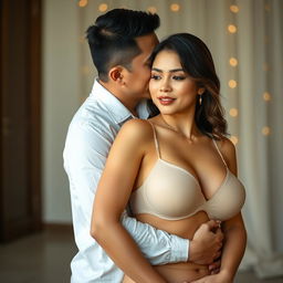 A scene featuring a 39-year-old Indonesian man with pure white skin, affectionately embracing a stunning 28-year-old woman with a sturdy and sexy body from behind