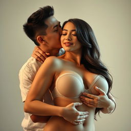 A scene featuring a 39-year-old Indonesian man with pure white skin, affectionately embracing a stunning 28-year-old woman with a sturdy and sexy body from behind