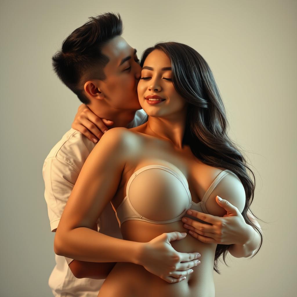 A scene featuring a 39-year-old Indonesian man with pure white skin, affectionately embracing a stunning 28-year-old woman with a sturdy and sexy body from behind