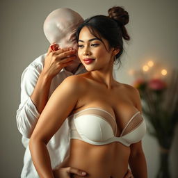 A scene featuring a 39-year-old Indonesian man with pure white skin, affectionately embracing a stunning 28-year-old woman with a sturdy and sexy body from behind