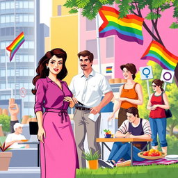 A vibrant and inclusive urban scene showcasing the roles of men, women, and members of the LGBTQIA community in society today
