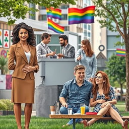 A vibrant and inclusive urban scene showcasing the roles of men, women, and members of the LGBTQIA community in society today