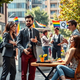 A vibrant and inclusive urban scene showcasing the roles of men, women, and members of the LGBTQIA community in society today