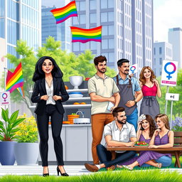 A vibrant and inclusive urban scene showcasing the roles of men, women, and members of the LGBTQIA community in society today