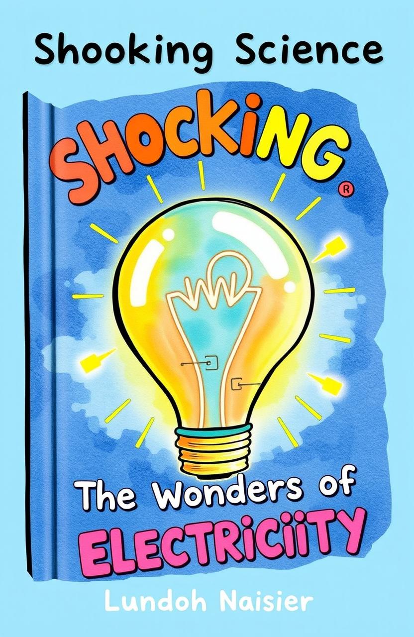 A colorful children’s book cover in a cartoon watercolor style, featuring a large light bulb in the center of the design, representing ideas and electricity