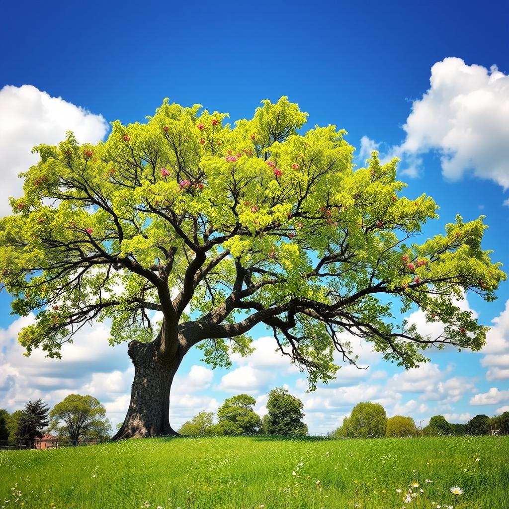 A beautiful, majestic tree in full bloom, with vibrant green leaves and colorful flowers